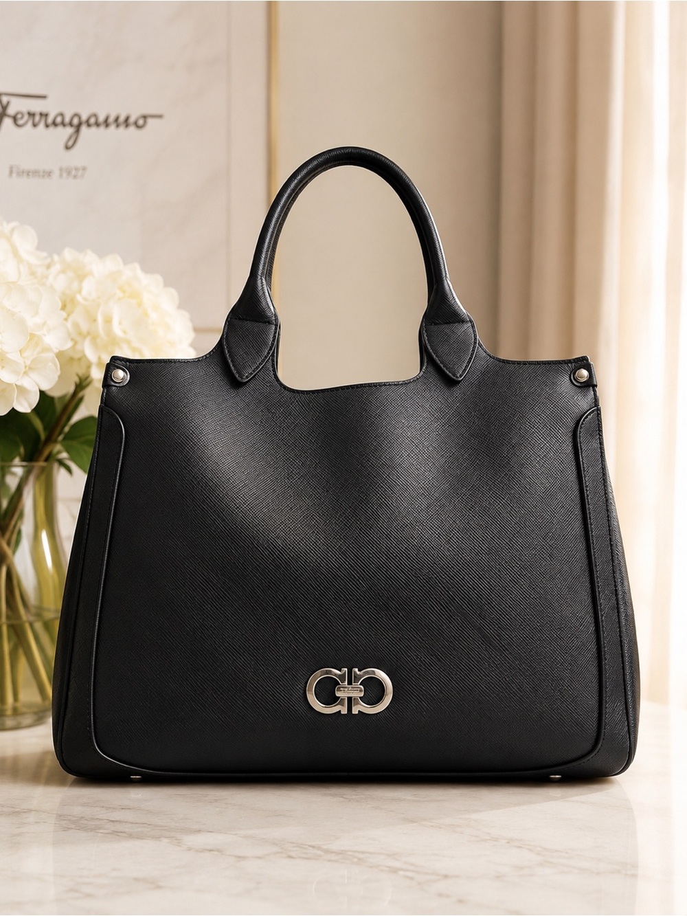 Original Salvatore Ferragamo Gancini Black Staffiano Leather Tote